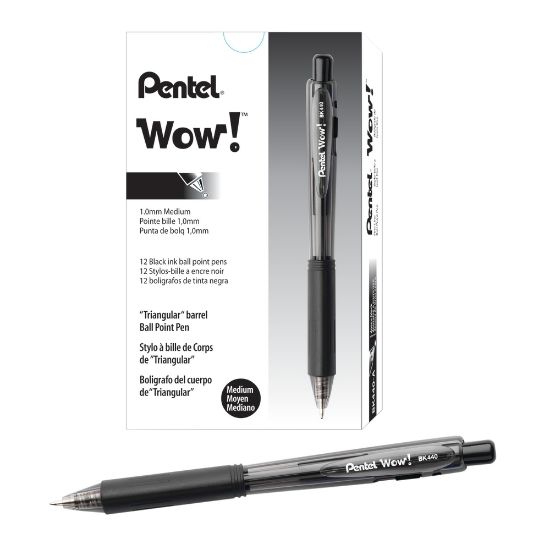 Picture of Pentel WOW! Retractable Ballpoint Pens, Medium Point, 1.0 mm, Transparent Black Barrels, Black Ink, Pack Of 12