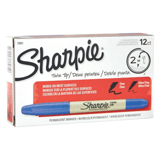 Picture of Sharpie Twin-Tip Permanent Markers, Fine/Ultra-Fine Points, Blue Ink, Pack Of 12 Markers