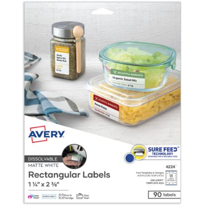 Picture of Avery Dissolvable Labels, 4224, Rectangle, 1 1/4in x 2 3/8in, White, Pack Of 90