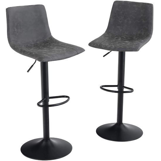 Picture of ALPHA HOME Square Swivel PU Leather Adjustable Bar Stools With Backs, Gray/Black, Set Of 2 Stools