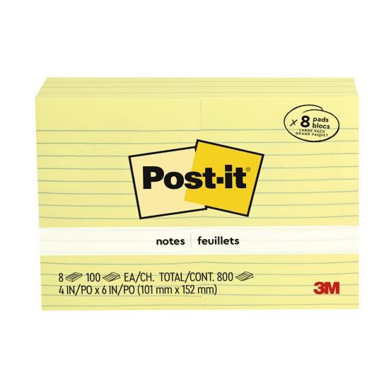 Picture of Post-it Notes, 4 in x 6 in, 8 Pads, 100 Sheets/Pad, Lined, Clean Removal, Back to School Supplies for Students, Sticky Notes for Textbooks and Notebooks, Canary Yellow