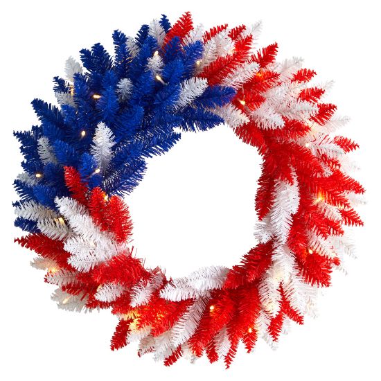 Picture of Nearly Natural Patriotic Americana 24inH Artificial Wreath With 35 LED Lights, 24inH x 24inW x 5inD, Red/White/Blue