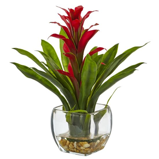 Picture of Nearly Natural 12inH Bromeliad Arrangement With Glass Vase, Red