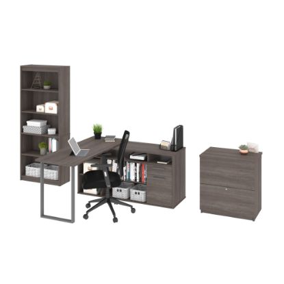 Picture of Bestar Solay 118inW L-Shaped Corner Desk With Lateral File Cabinet And Bookcase, Bark Gray