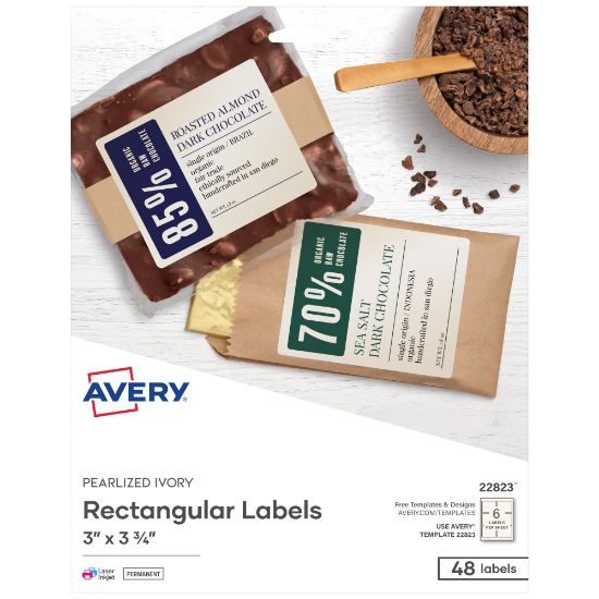 Picture of Avery Print-To-The-Edge Permanent Rectangular Labels, 22823, 3in x 3 3/4in, Pearlized Ivory, Pack Of 48