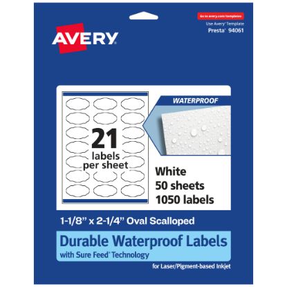 Picture of Avery Waterproof Permanent Labels With Sure Feed, 94061-WMF50, Oval Scalloped, 1-1/8in x 2-1/4in, White, Pack Of 1,050