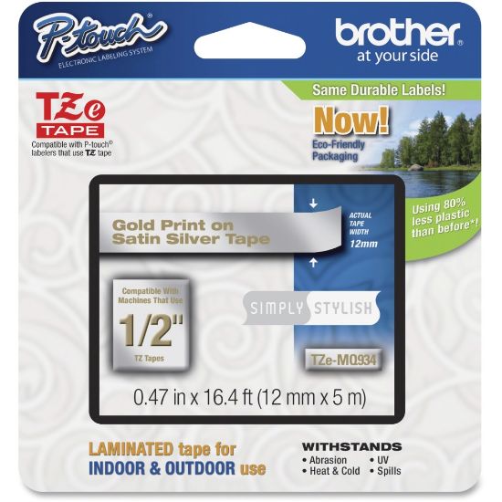 Picture of Brother PTouch 1/2in Laminated TZe Tape - Permanent Adhesive - 15/32in Width x 16 13/32 ft Length - Thermal Transfer - Gold, Satin Silver - Plastic - 1 Each