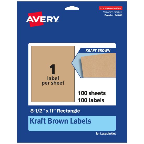 Picture of Avery Kraft Permanent Labels, 94269-KMP100, Rectangle, 8-1/2in x 11in, Brown, Pack Of 100