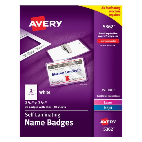 Picture of Avery Customizable Self-Laminating Name Badges, 5362, 2.25in x 3.5in, White, 30 Name Tags With Clips