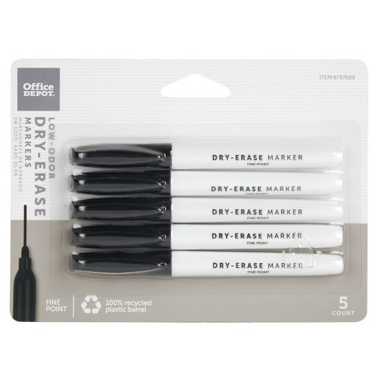 Picture of Office Depot Brand Low-Odor Pen-Style Dry-Erase Markers, Fine Point, 100% Recycled Plastic Barrel, Black Ink, Pack Of 5