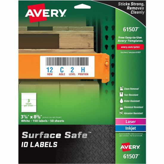 Picture of Avery Surface Safe ID Labels - Removable Adhesive - 3 1/4in Width x 8 3/8in Length - Rectangle - Laser, Inkjet - White - Polyester - 3 / Sheet - 50 Total Sheets - 150 / Pack