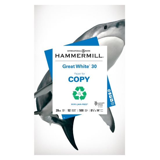 Picture of Hammermill Great White Copy Paper, 1 Ream, White, Legal (8.5in x 14in), 500 Sheets Per Ream, 20 Lb, 92 Brightness, 30% Recycled