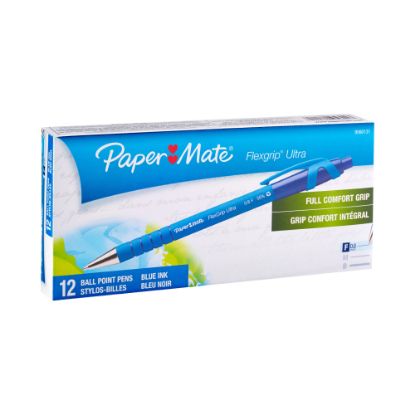 Picture of Paper Mate FlexGrip Ultra Retractable Pens, Fine Point, 0.8 mm, Blue Barrel, Blue Ink, Pack Of 12