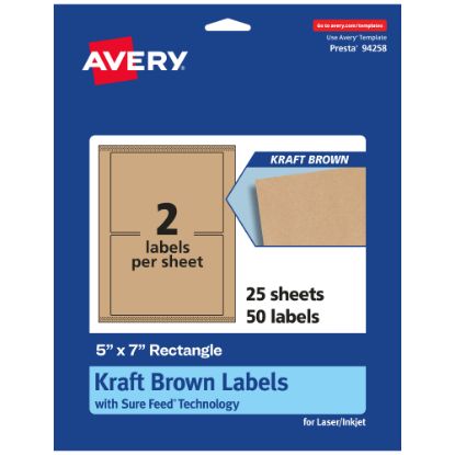 Picture of Avery Kraft Permanent Labels With Sure Feed, 94258-KMP25, Rectangle, 5in x 7in, Brown, Pack Of 50