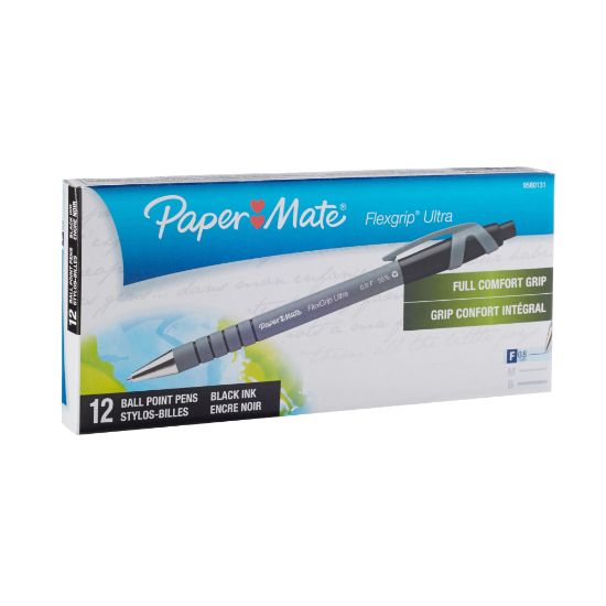 Picture of Paper Mate FlexGrip Ultra Retractable Pens, Fine Point, 0.8 mm, Black Barrel, Black Ink, Pack Of 12