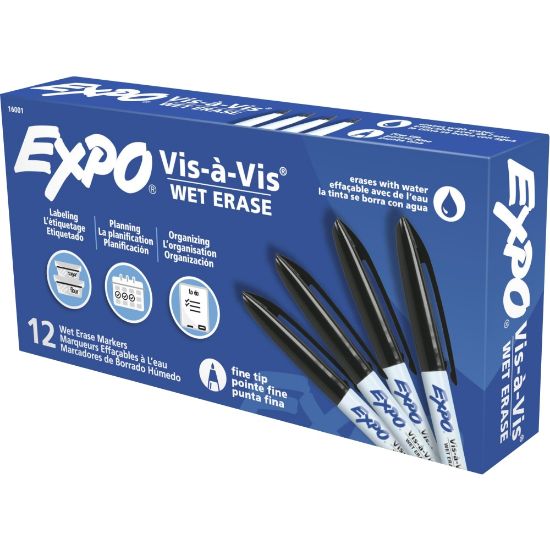 Picture of EXPO Vis-a-Vis Wet-Erase Fine-Tip Markers, Black, Box Of 12