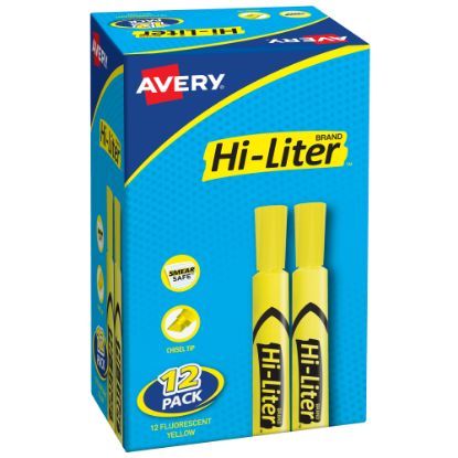 Picture of Avery Hi-Liter SmearSafe Highlighters, Chisel Tip, Desk-Style, Yellow, Pack Of 12 Highlighters