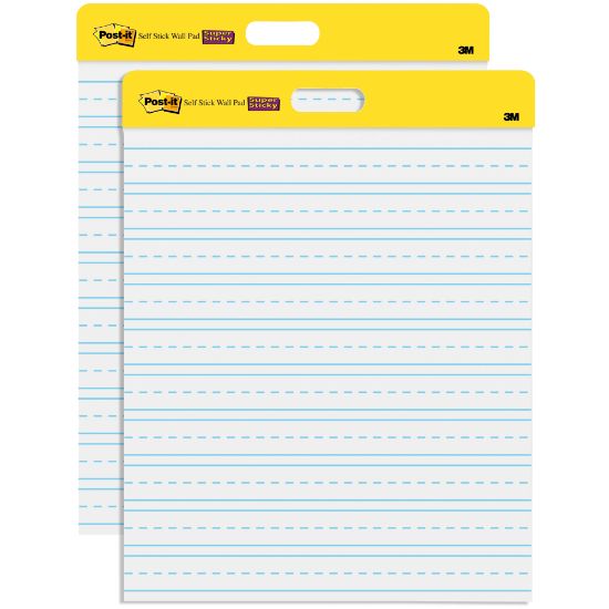 Picture of Post-it Self-Stick Wall Pad, 20in x 23in, White, Primary Ruled, 2 Pads Of 20 Sheets