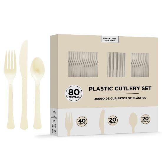 Picture of Amscan 8016 Solid Heavyweight Plastic Cutlery Assortments, Vanilla Creme, 80 Pieces Per Pack, Set Of 2 Packs