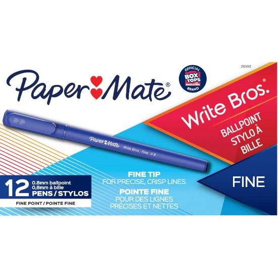 Picture of Paper Mate Write Bros Ballpoint Stick Pens, 0.8 mm, Fine Point, Blue Barrel, Blue Ink, Pack Of 12 Pens