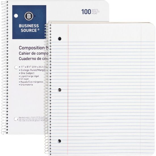 Picture of Business Source Wirebound Notebook, 8 1/2in x 11in, College Ruled, 100 Sheets, White