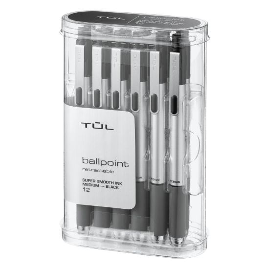 Picture of TUL BP Series Retractable Ballpoint Pens, Medium Point, 1.0 mm, Silver Barrel, Black Ink, Pack Of 12 Pens