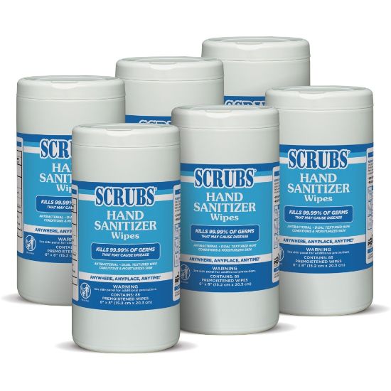 Picture of SCRUBS Hand Sanitizer Wipes - Blue, White - Abrasive, Non-scratching, Textured, Anti-bacterial - For Hand - 85 Per Canister - 6 / Carton