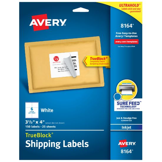 Picture of Avery TrueBlock Permanent Inkjet Shipping Labels, 8164, 3 1/3in x 4in, White, Pack Of 150