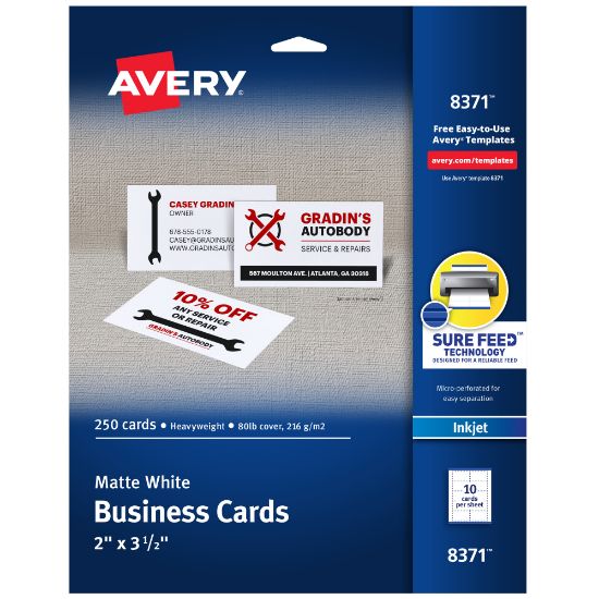 Picture of Avery Printable Business Cards With Sure Feed Technology For Inkjet Printers, 2in x 3.5in, White, 250 Blank Cards