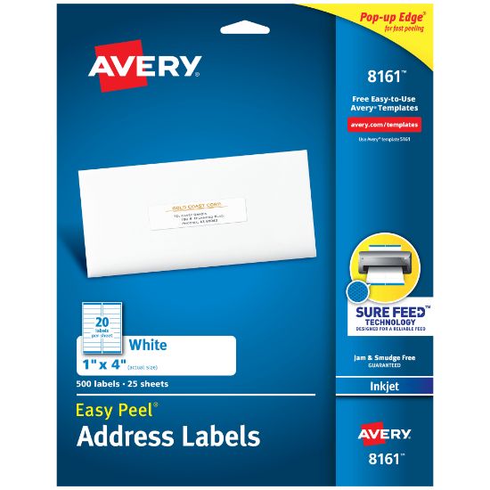 Picture of Avery Easy Peel Address Labels With Sure Feed Technology, 8161, Rectangle, 1in x 4in, White, Pack Of 500