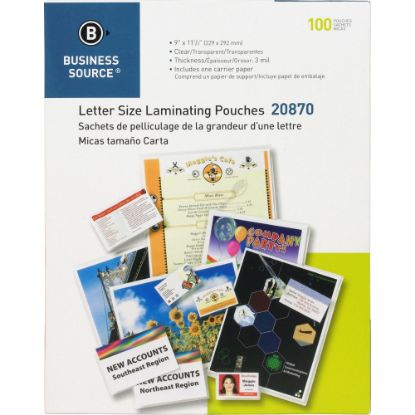 Picture of Business Source 3-mil Laminating Pouches, 9in x 11-1/2in, Clear, Box of 100