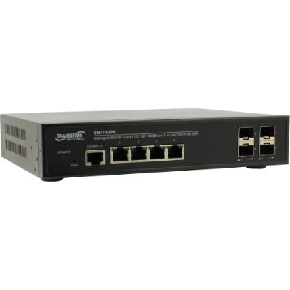 Picture of Transition Networks SM4T4DPA Ethernet Switch - 8 Ports - Manageable - Gigabit Ethernet - 10/100/1000Base-T - 2 Layer Supported - 4 SFP Slots - Twisted Pair - Desktop, Rack-mountable