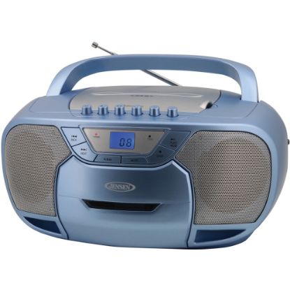 Picture of JENSEN CD-590-BL Radio/CD Player/Cassette Recorder Boombox - 1 x Disc Integrated Stereo Speaker - Silver, Blue LCD - CD-DA, MP3 - Auxiliary Input