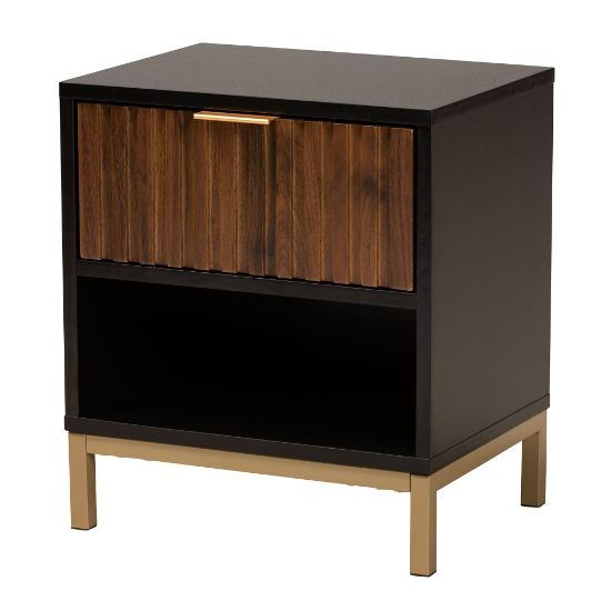 Picture of Baxton Studio Uriel 1-Drawer Nightstand, 17-3/4inH x 15-3/4inW x 11-13/16inD, Natural Brown/Black/Gold