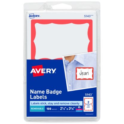 Picture of Avery Name Tags, 05143, 2-1/3in x 3-3/8in, White With Red Border, 100 Removable Name Badges