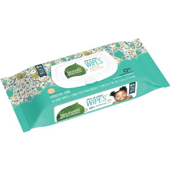 Picture of Seventh Generation Free & Clear Baby Wipes, Unscented, White, 64 Wipes Per Pack, Carton Of 12 Packs