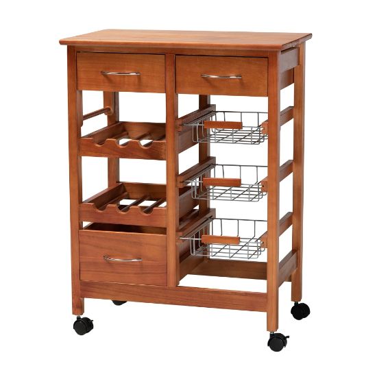 Picture of Baxton Studio Crayton Mobile Kitchen Storage Cart, 31-1/2inH x 23-5/8inW, Oak Brown/Silver