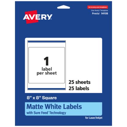 Picture of Avery Permanent Labels With Sure Feed, 94108-WMP25, Square, 8in x 8in, White, Pack Of 25