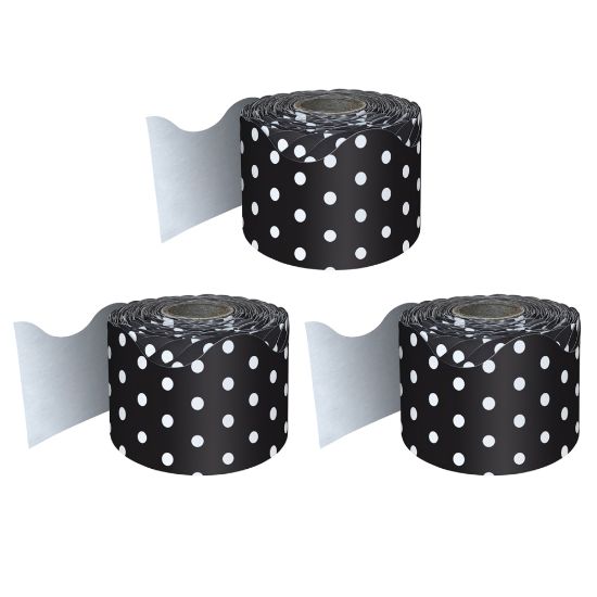 Picture of Carson Dellosa Education Rolled Scalloped Borders, Black/White Polka Dots, 65ft Per Roll, Pack Of 3 Rolls