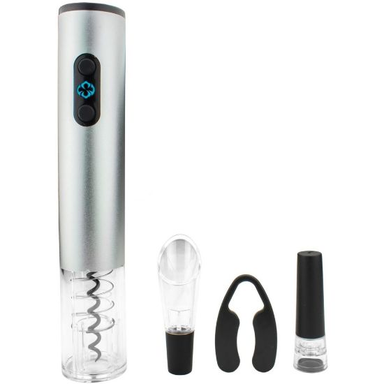 Picture of Brentwood Electric Wine Bottle Opener with Foil Cutter, Vacuum Stopper, and Aerator Pourer - LED Light, Foil Cutter, Portable - Silver