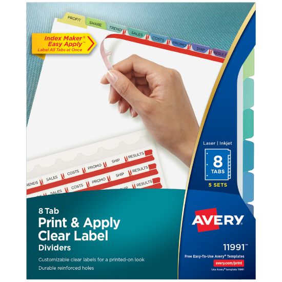 Picture of Avery Customizable Index Maker Dividers For 3 Ring Binder, Easy Print & Apply Clear Label Strip, 8 Tab, Pastel Tabs, Pack Of 5 Sets