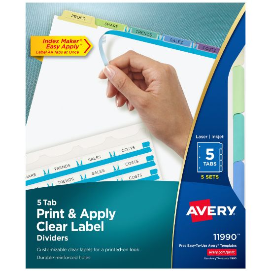 Picture of Avery Customizable Index Maker Dividers For 3 Ring Binder, Easy Print & Apply Clear Label Strip, 5 Tab, Pastel Tabs, Pack Of 5 Sets