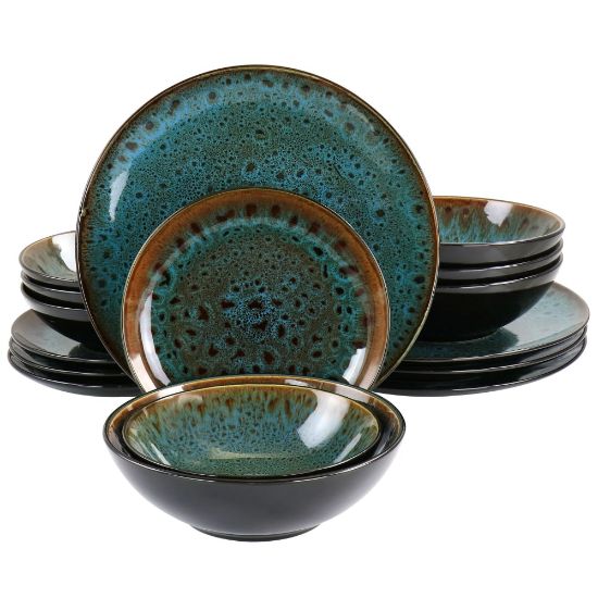 Picture of Gibson Elite Kyoto Double Bowl 16-Piece Stoneware Dinnerware Set, Teal/Brown