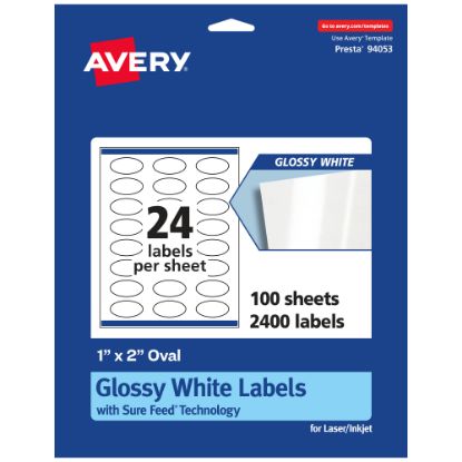 Picture of Avery Glossy Permanent Labels With Sure Feed, 94053-WGP100, Oval, 1in x 2in, White, Pack Of 2,400