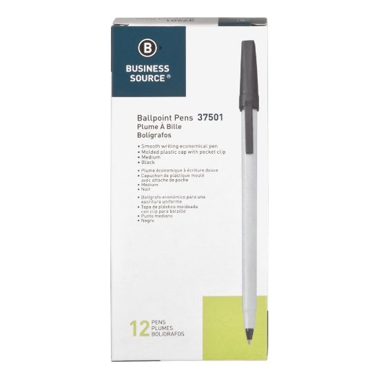 Picture of Business Source Medium Point Ballpoint Stick Pens - Medium Pen Point - Black - Light Gray Barrel - Stainless Steel Tip - 1 Dozen