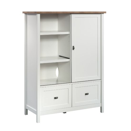 Picture of Sauder Cottage Road Computer Armoire Storage Cabinet With File Drawers, 56inH x 42-1/8inW x 18-5/8inD, White/Lintel Oak