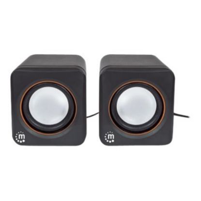 Picture of Manhattan 2600 Series Speaker System, Small Size, Big Sound, Two Speakers, Stereo, USB power, Output: 2x 3W, 3.5mm plug for sound, In-Line volume control, Cable 0.9m, Black, Three Year Warranty, Box - Speakers - for PC - 3 Watt - black