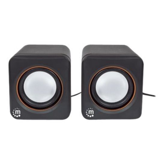 Picture of Manhattan 2600 Series Speaker System, Small Size, Big Sound, Two Speakers, Stereo, USB power, Output: 2x 3W, 3.5mm plug for sound, In-Line volume control, Cable 0.9m, Black, Three Year Warranty, Box - Speakers - for PC - 3 Watt - black