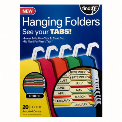 Picture of Find It Tab-View Hanging File Folders, Letter Size, 70% Recycled, Assorted Colors, Pack Of 20