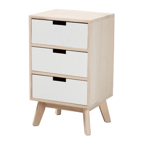 Picture of Baxton Studio Halian 3-Drawer Nightstand, 23-1/4inH x 13-13/16inW x 11-13/16inD, White/Light Brown